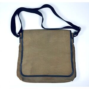 Levenger Canvas Crossbody Messenger Bag Olive Green Brown Leather Trim Utility